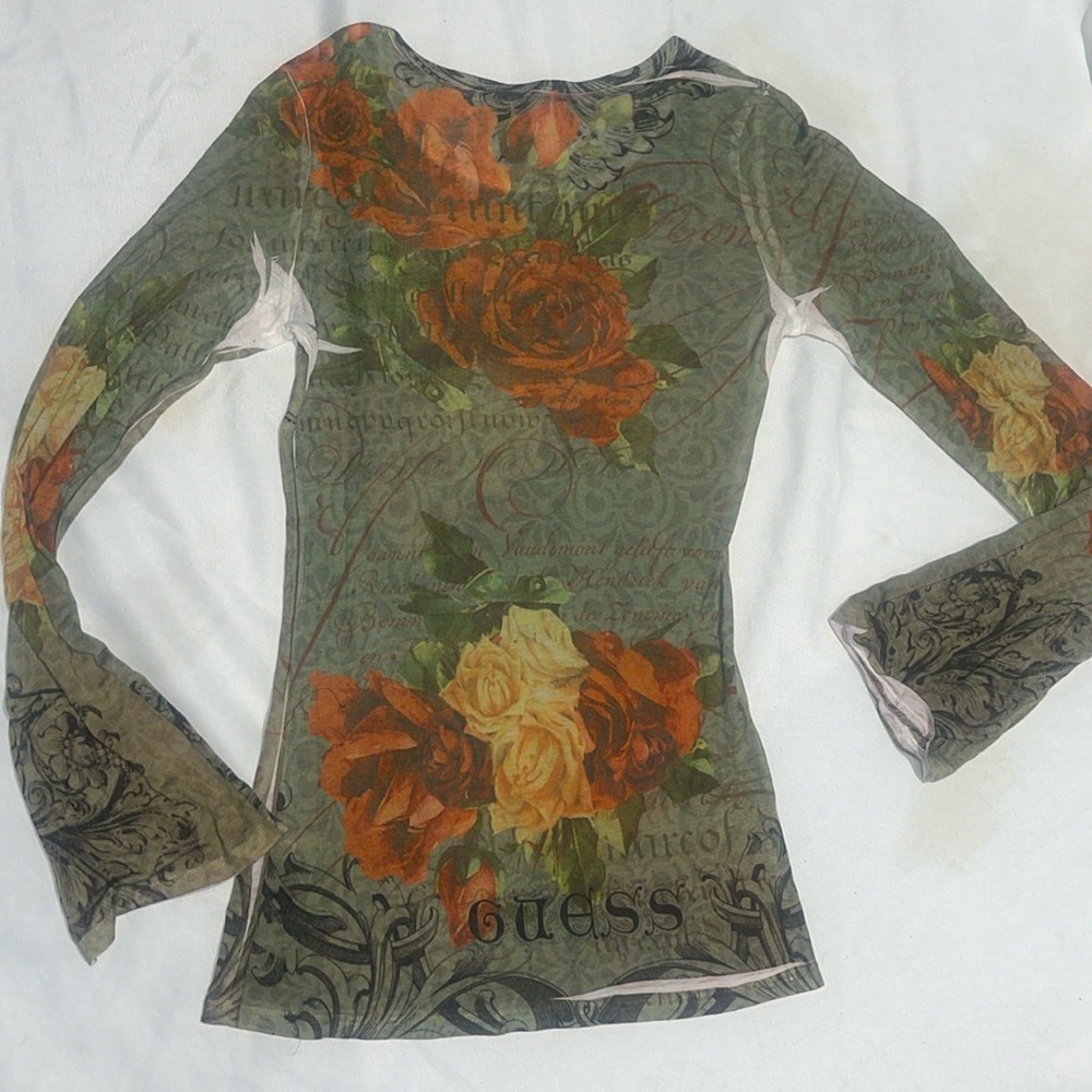 New Guess Tattoo Long Sleeve Thin Embellished Rose Bird Shirt M - Picture 6 of 10
